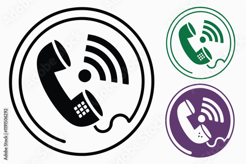 Phone icons, circular designs, black and white symbols, green icon, purple icon, call buttons, communication symbols, minimalist graphics, vector illustrations, flat design, user interface elements, a