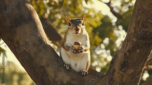 Squirrel enjoys midday snack in tree top. photo