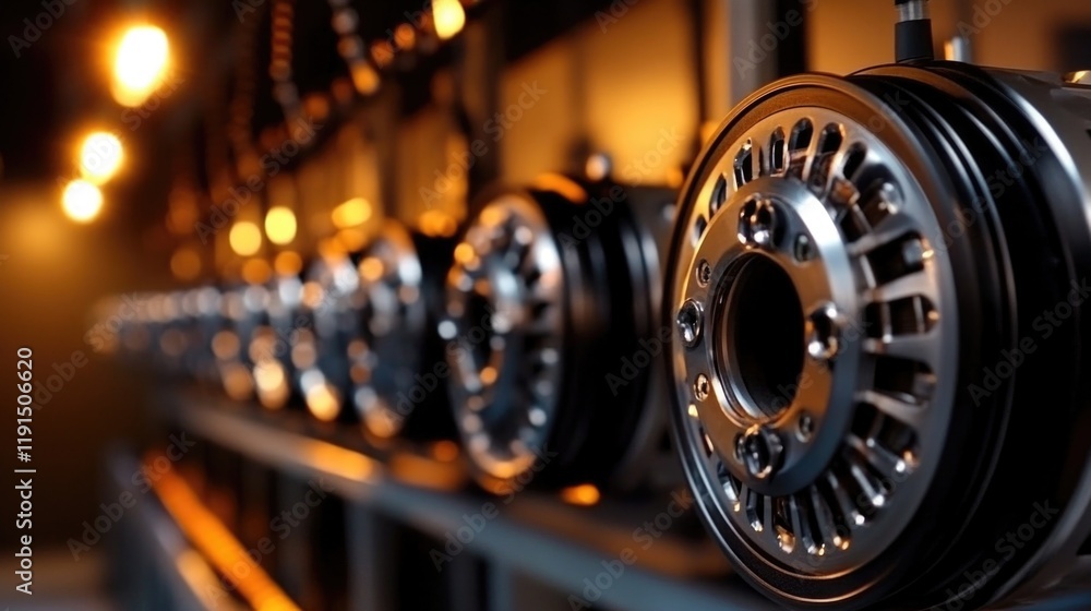 Fototapeta premium Industrial warehouse with metal, steel, and mechanical gear components in focus