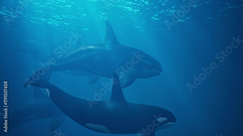 A group of orca whales swim underwater