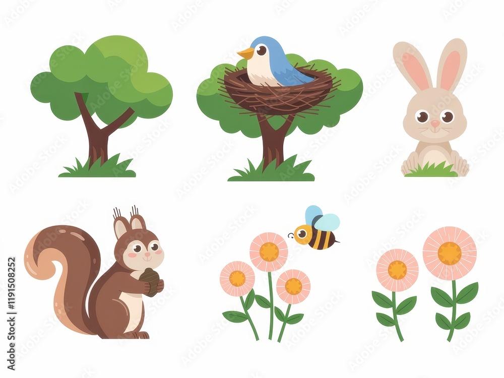 Naklejka premium Adorable woodland creatures and springtime flowers in a whimsical scene