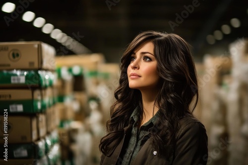 Wallpaper Mural Young caucasian female in warehouse setting with thoughtful expression Torontodigital.ca