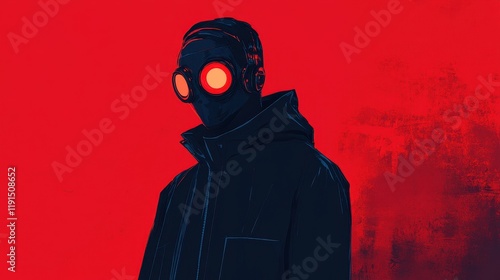 Red Background Mysterious Figure Wearing Goggles and Headphones