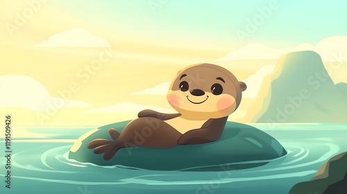 Cartoon Seal Relaxing in Ocean Sunset