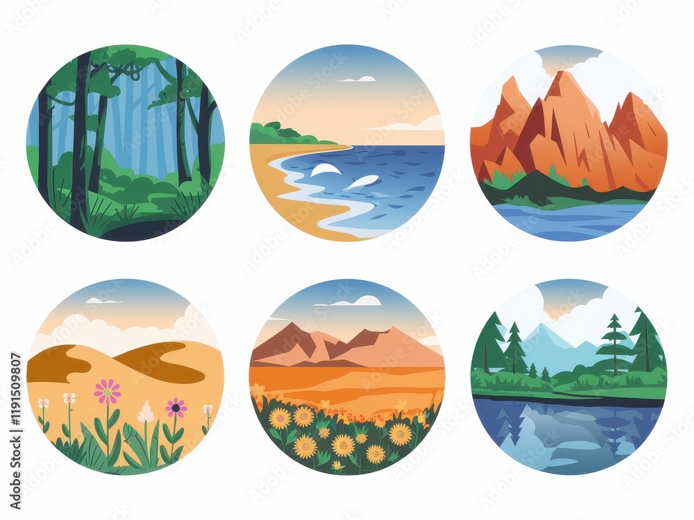 Fototapeta premium Six Circular Illustrations Depict Diverse Landscapes