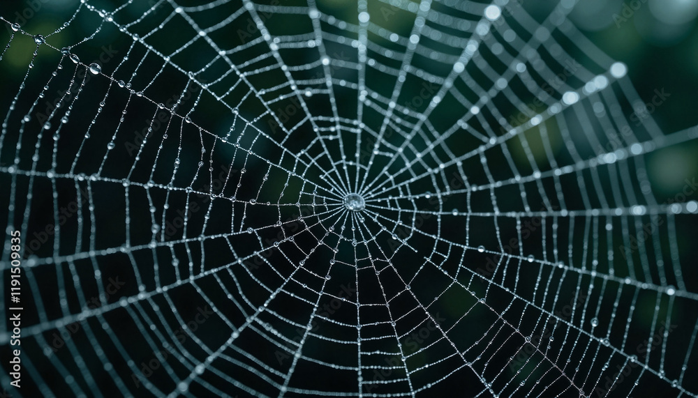 Fototapeta premium Intricate spider web with dew drops against dark background