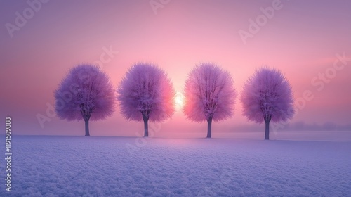 Pink Cherry Blossom Trees at Sunset in Snow