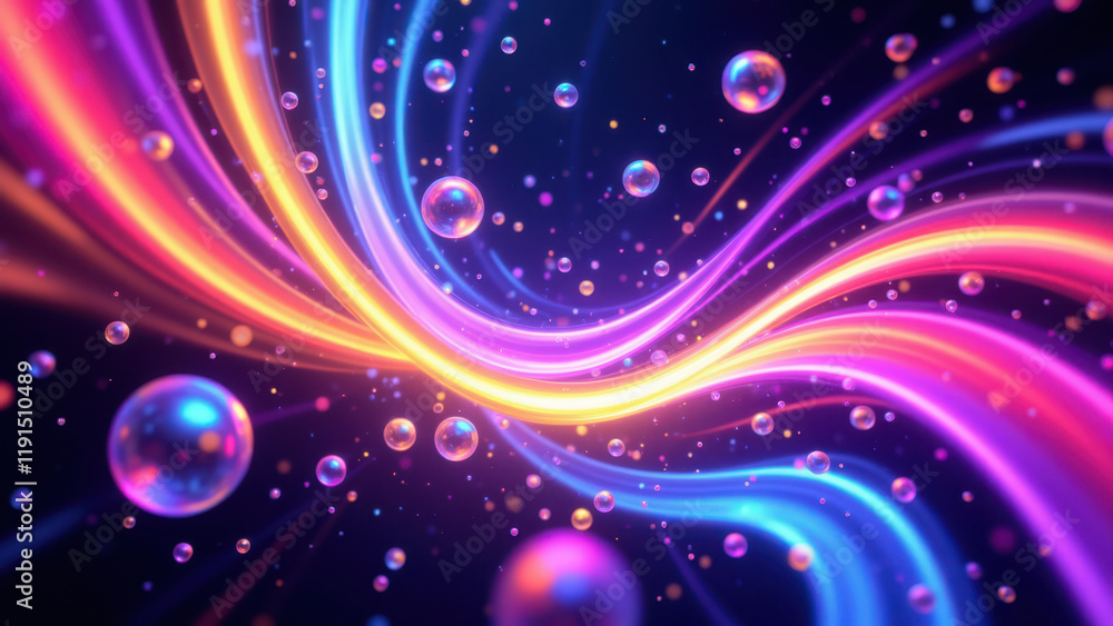 Fototapeta premium Vibrant abstract glowing sphere light with colorful bubbles on dark grey gradient background.