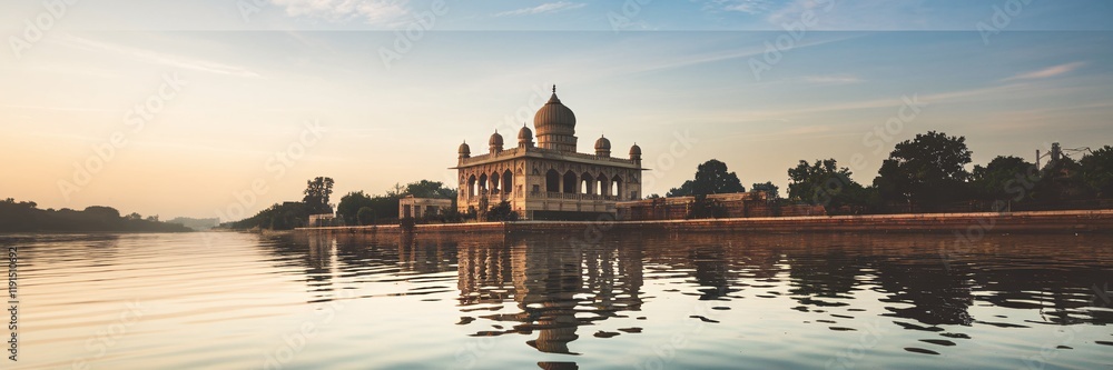 Obraz premium Sunrise view of a historical building reflecting in calm water.