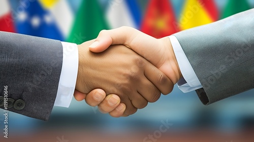 Two hands shaking over a conference table.