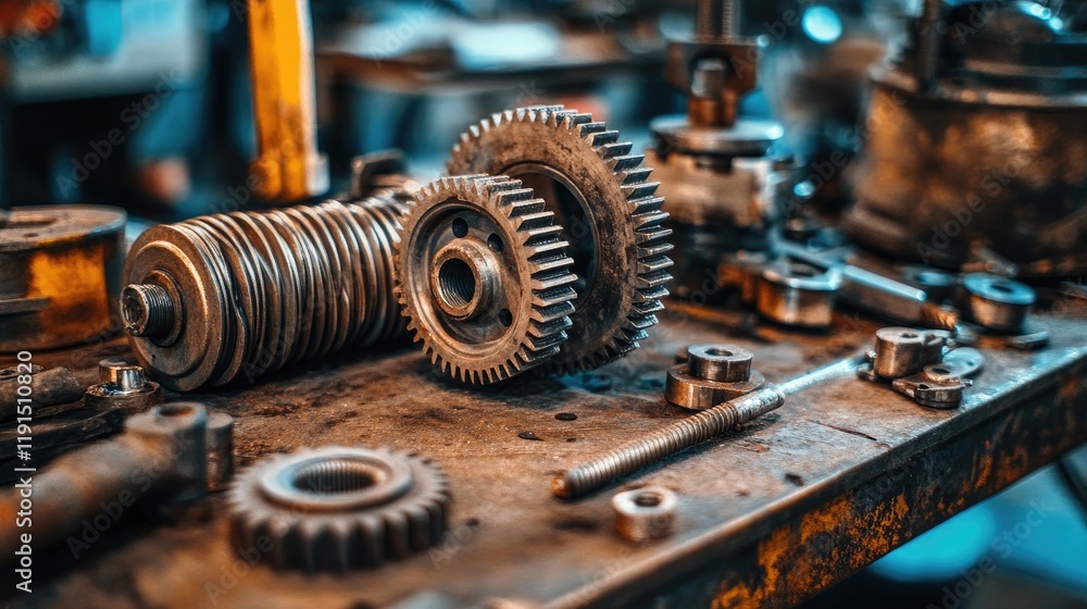 Rusty Gears And Metal Parts On A Workbench Rusty Gears And Metal Parts On A Workbench