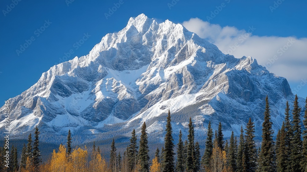 Majestic snow capped mountain peak with autumn trees Majestic snow capped mountain peak with autumn trees