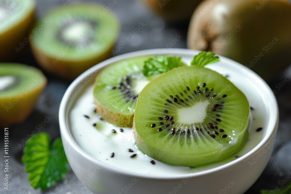 Yogurt decorated with fresh kiwi slices, chia seeds and mint leaves, creating a healthy and delicious breakfast or snack option Yogurt decorated with fresh kiwi slices, chia seeds and mint leaves, creating a healthy and delicious breakfast or snack option