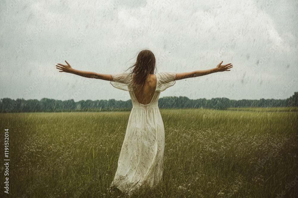 Woman Embracing Rain in a Green Field Woman Embracing Rain in a Green Field