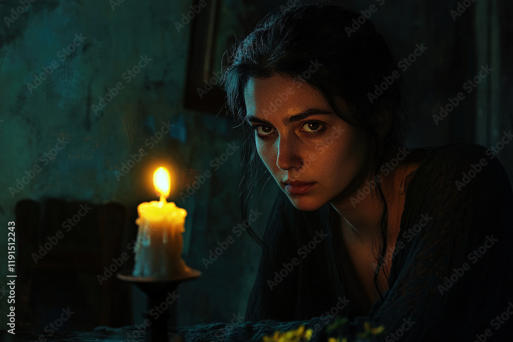 Woman Sitting by Candlelight in a Reflective Mood Woman Sitting by Candlelight in a Reflective Mood