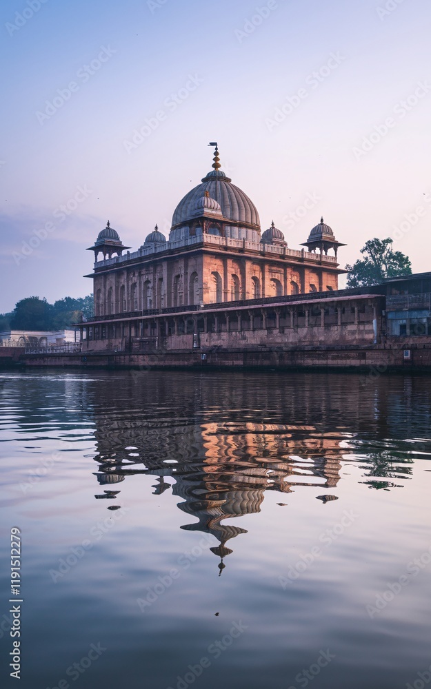 Obraz premium Calm dawn reflection of a riverside Mughal-style mausoleum.