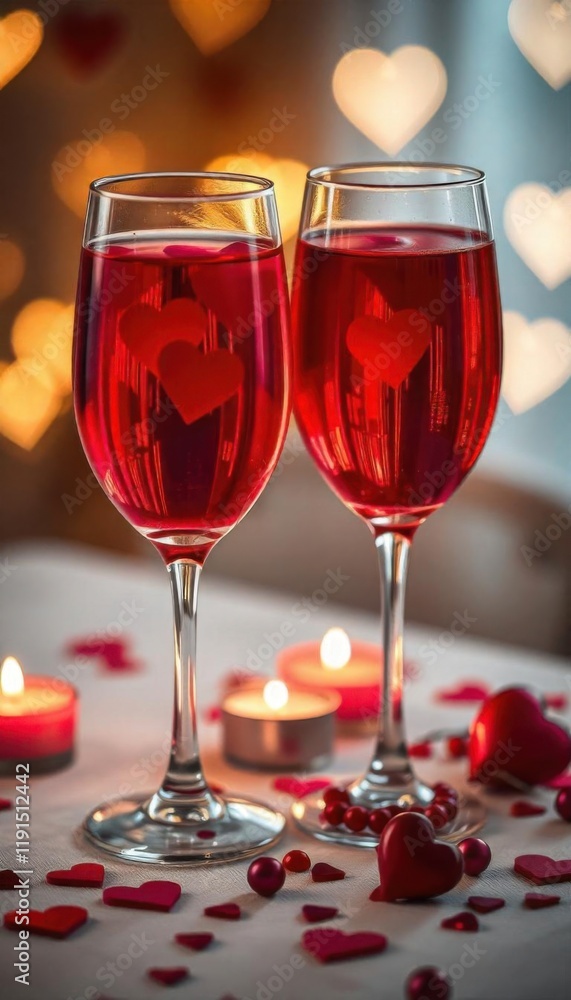 A romantic and cozy setup featuring two elegant wine glasses filled with red liquid, adorned with floating heart decorations. The base of the glasses contains small red beads or heart-shaped ornaments A romantic and cozy setup featuring two elegant wine glasses filled with red liquid, adorned with floating heart decorations. The base of the glasses contains small red beads or heart-shaped ornaments
