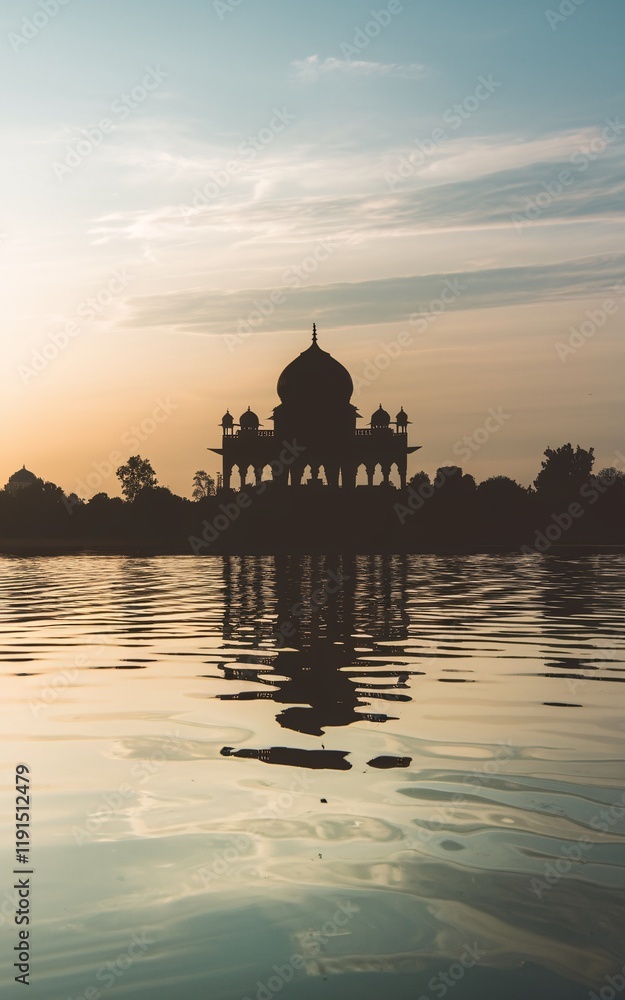 Fototapeta premium Silhouette of a mausoleum reflected in calm water at sunset.