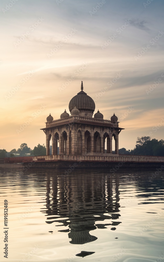 Obraz premium Sunrise over tranquil water reflecting ancient temple.