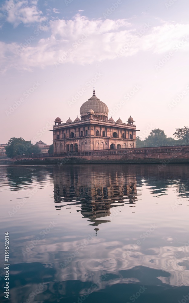 Obraz premium Tranquil dawn reflection of a Mughal mausoleum.
