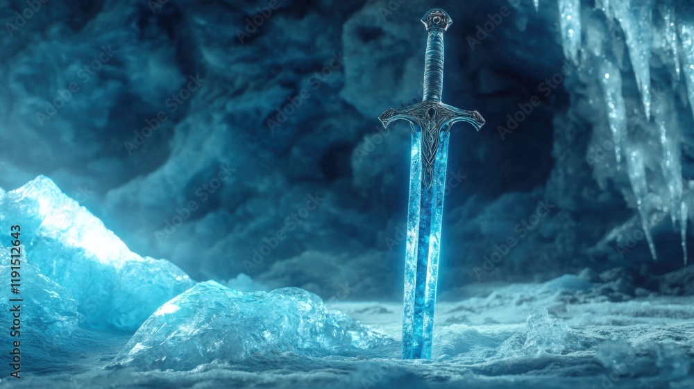 Naklejka premium Epic frozen sword emerges from ice cave fantasy realm digital art mystical atmosphere dramatic angle