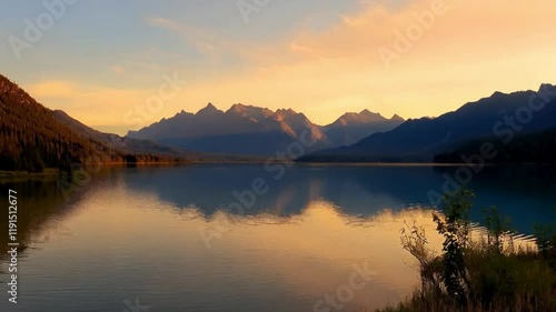 View of  lake with a reflection of mountains. photo