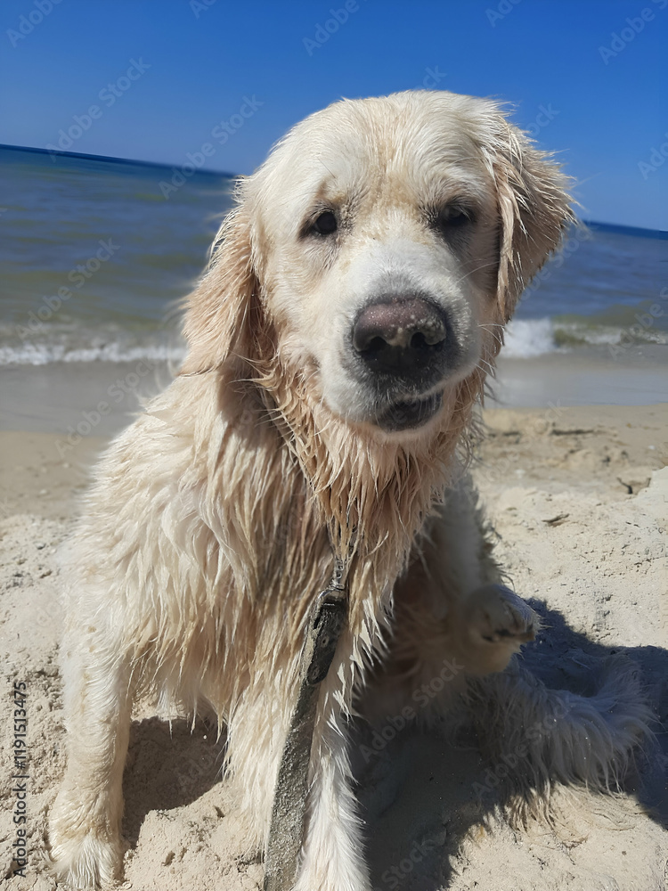 A golden retriever sitting on a sandy beach by the sea, making a humorous facial expression under the bright sunlight. A golden retriever sitting on a sandy beach by the sea, making a humorous facial expression under the bright sunlight.