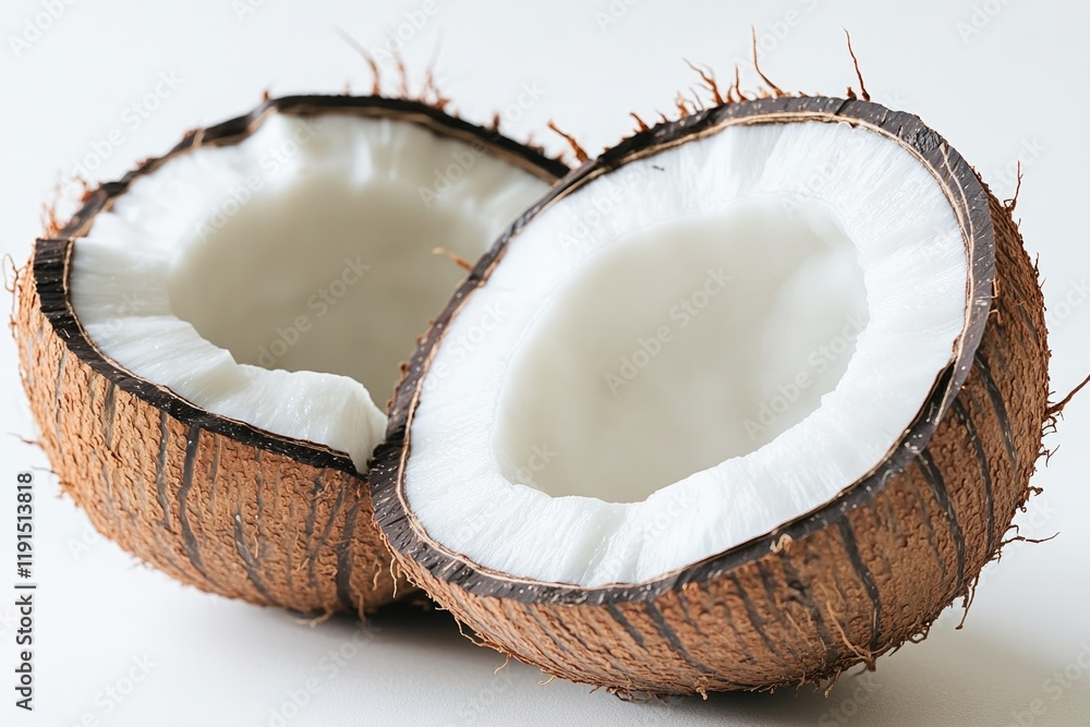 Brown coconuts split open, showcasing fresh, creamy white flesh Brown coconuts split open, showcasing fresh, creamy white flesh