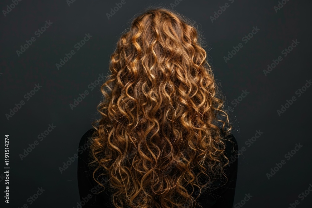 Fototapeta premium Long brown curly hair of a young woman, seen from behind, studio shot