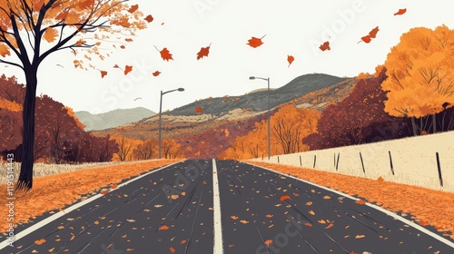 Autumn Road Scene With Falling Leaves And Hills photo