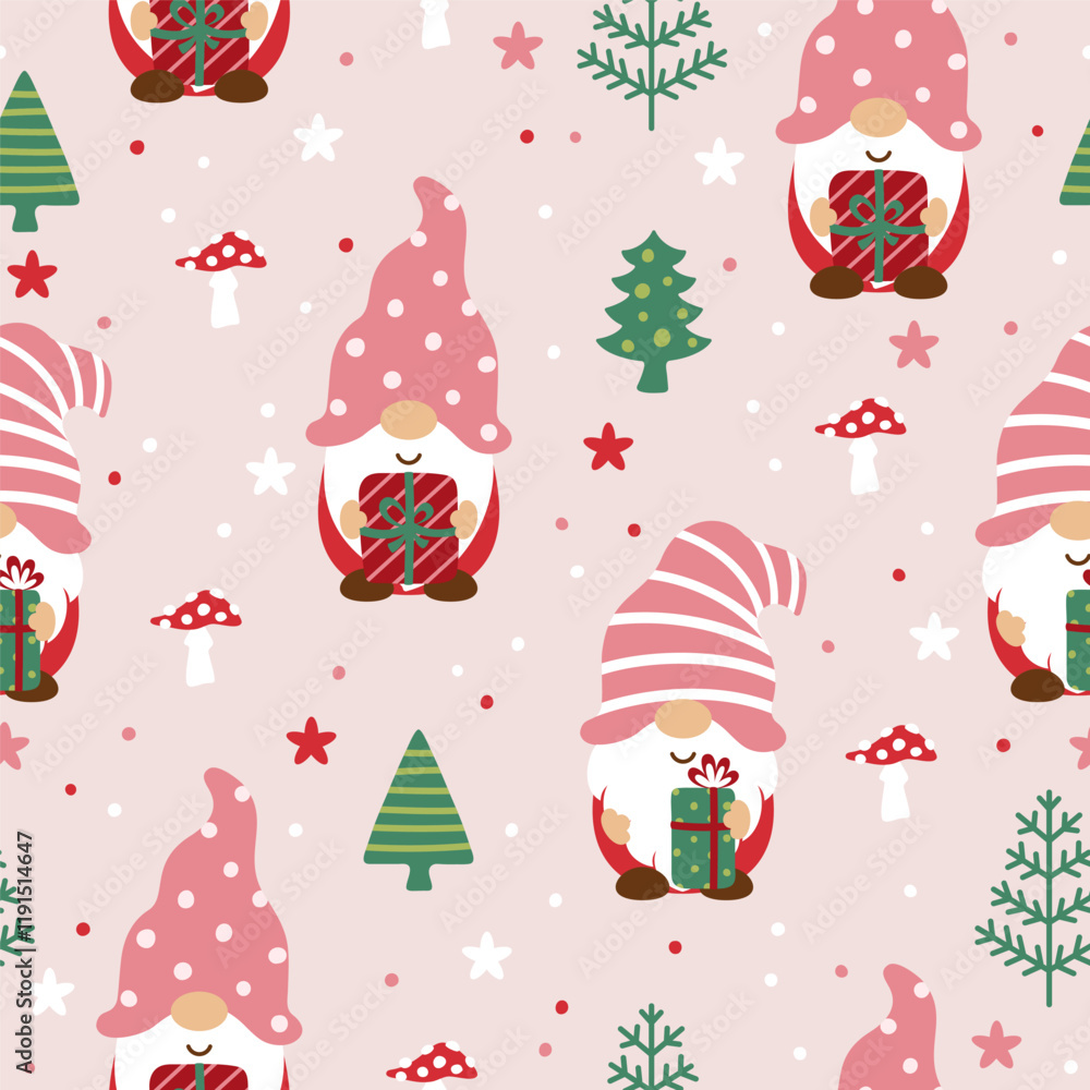 Seamless pattern with Christmas or Valentine's Day gnomes and winter landscape. Vector illustration. Seamless pattern with Christmas or Valentine's Day gnomes and winter landscape. Vector illustration.