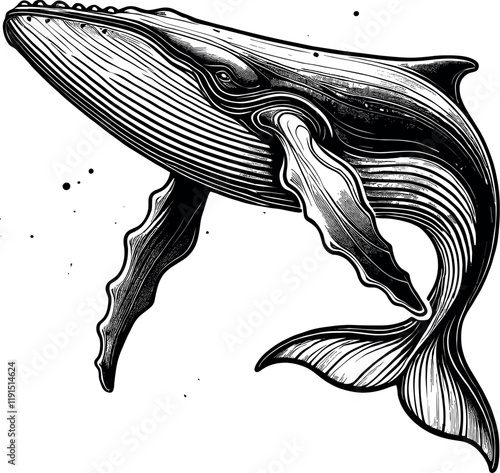 Whale Swimming with Flowing Tail and Detailed Fins Vector Black Silhouette Cricut Design