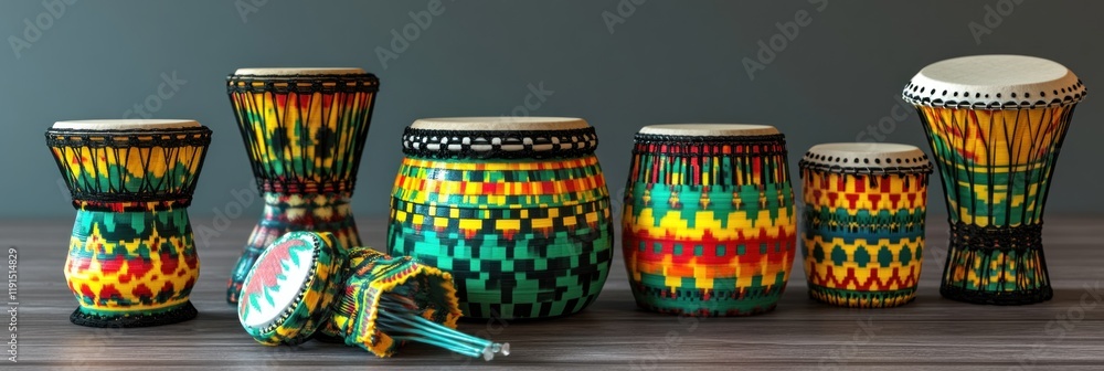 Fototapeta premium Vibrant African Drums on Wooden Surface with Traditional Patterns and Designs