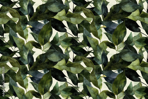 Seamless fGreen Leaf Watercolor Pattern: Lush, dark green leaves in varying shades create a seamless watercolor pattern, perfect for adding a touch of nature to any design project. photo