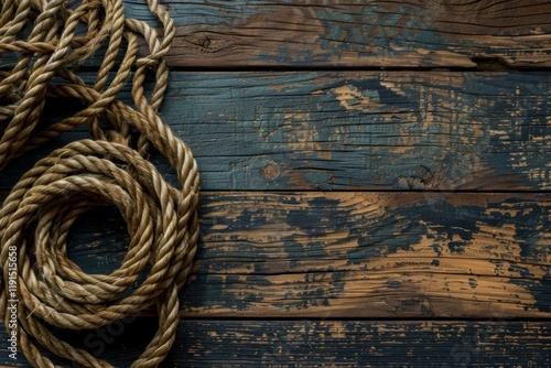 Close up of a coiled rope resting on a weathered wooden surface, creating a nautical or rustic themed backdrop photo