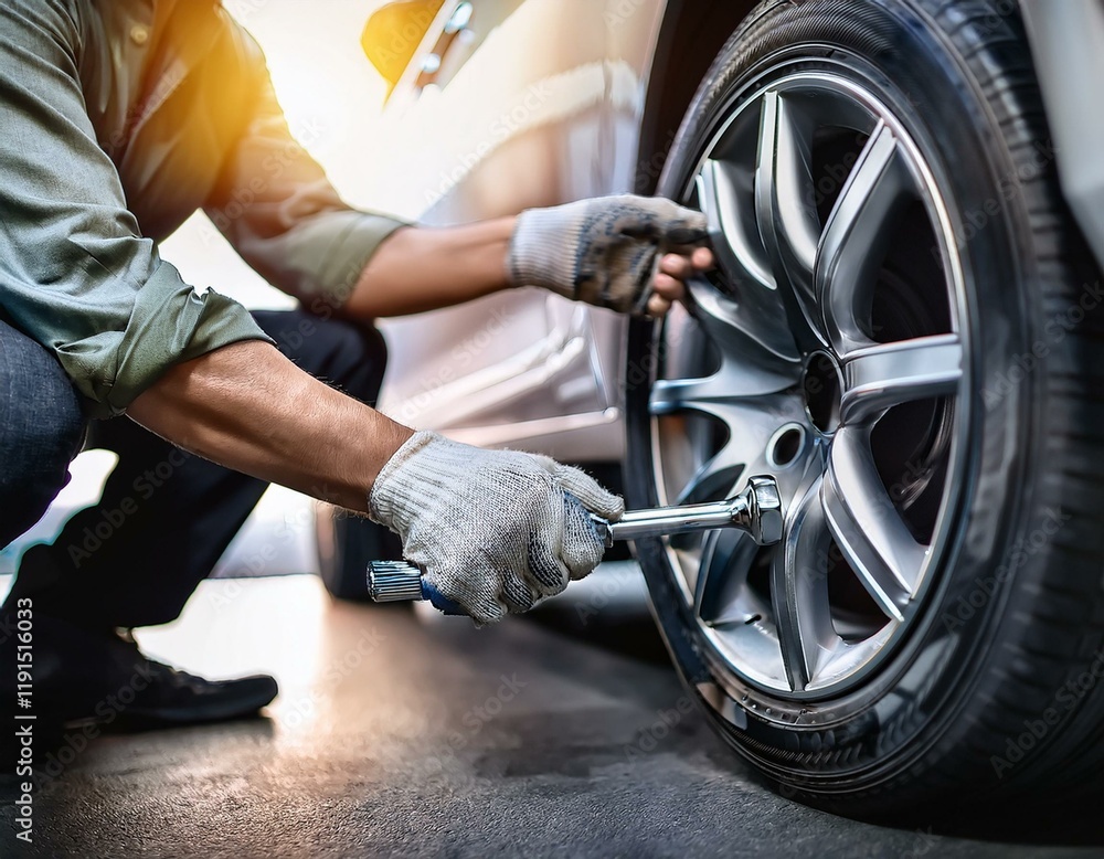 Fototapeta premium Generated image Men tighten car wheel nuts for safety check with Torque Wrench. Car Repair