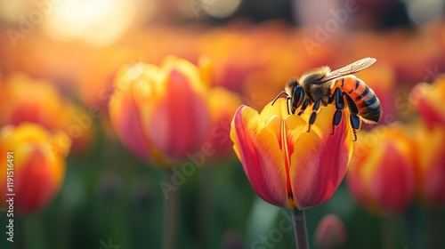 Honeybee pollinating a vibrant orange and yellow tulip in a field at sunset.