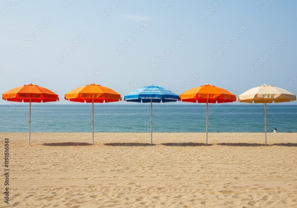 A line of five beach umbrellas in bright colors on a sunlit sandy beach, with a blue patterned umbrella in the center.
A line of five beach umbrellas in bright colors on a sunlit sandy beach, with a blue patterned umbrella in the center.
