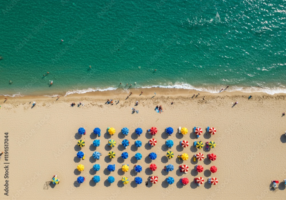 An aerial view of a sandy beach with colorful umbrellas, the ocean meeting the shore, and people enjoying the water.
An aerial view of a sandy beach with colorful umbrellas, the ocean meeting the shore, and people enjoying the water.