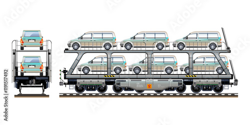 Car carrier railway carriage, locomotive wagon vehicle transporting cars on two levels 3D vector illustration