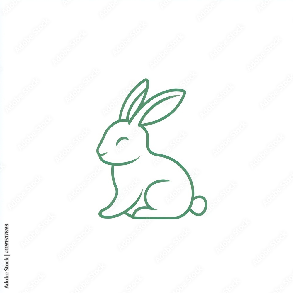 Obraz premium Green Line Art Rabbit Sitting, White Background, Logo Design