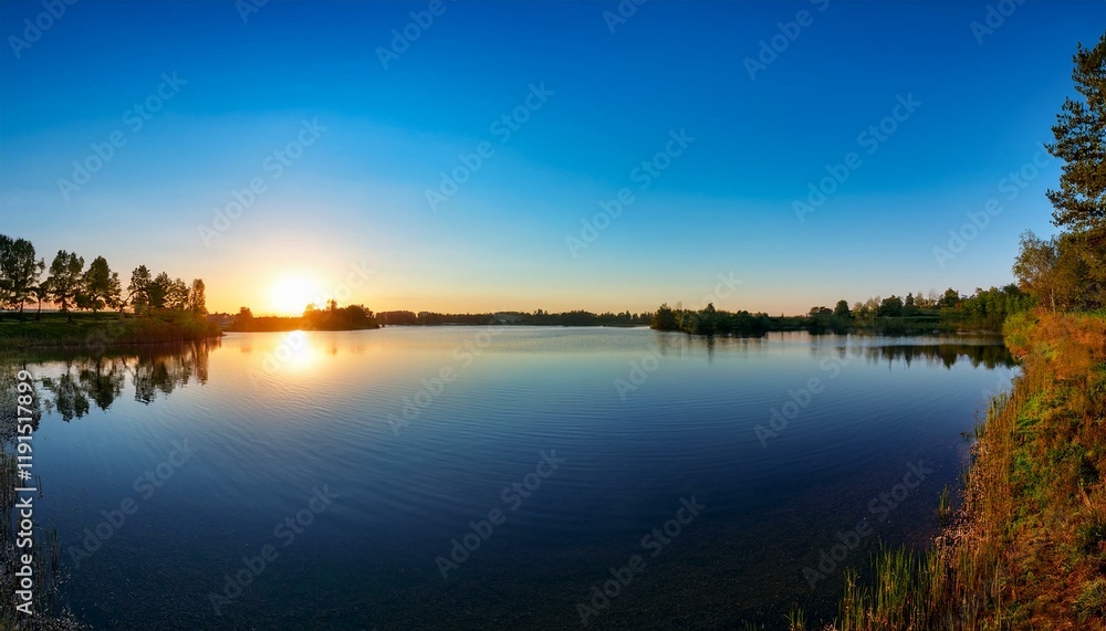 Generated image Panoramic view of a tranquil lake at twilight with a golden sunset, calm water, and distant Generated image Panoramic view of a tranquil lake at twilight with a golden sunset, calm water, and distant