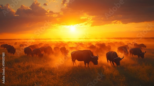 Wallpaper Mural Sunset silhouettes of African buffalo herd grazing in dusty savanna. Torontodigital.ca