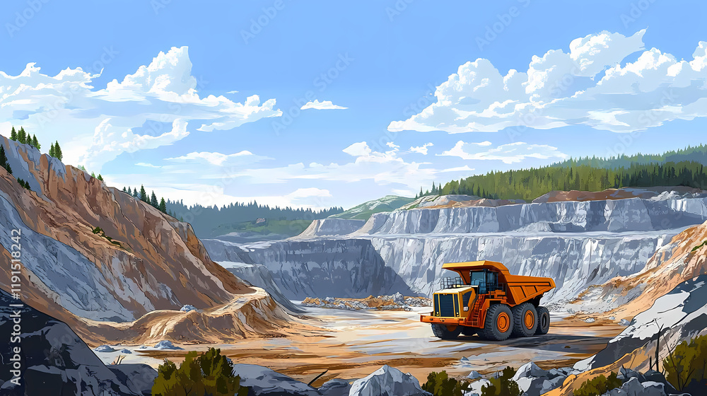 Industrial landscape of an open pit limestone quarry, featuring a backhoe and dump truck in operation, with rugged terrain around. Glimmerstone. Illustration Industrial landscape of an open pit limestone quarry, featuring a backhoe and dump truck in operation, with rugged terrain around. Glimmerstone. Illustration