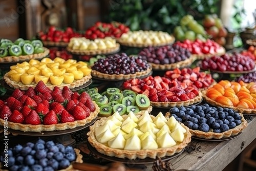 Colorful display of fresh fruit tarts at a market event during summer in a vi...