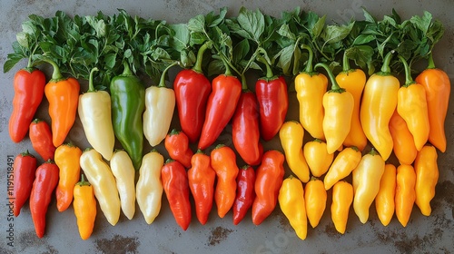 Colorful assortment of peppers arranged artistically on a gray surface