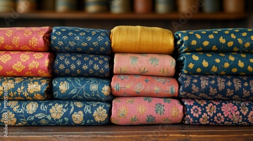 Vibrant textile display with intricate patterns in a traditional fabric shop
