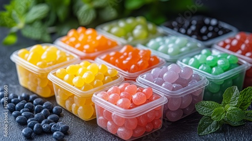 Colorful jelly candies arranged in containers on a dark surface with mint leaves