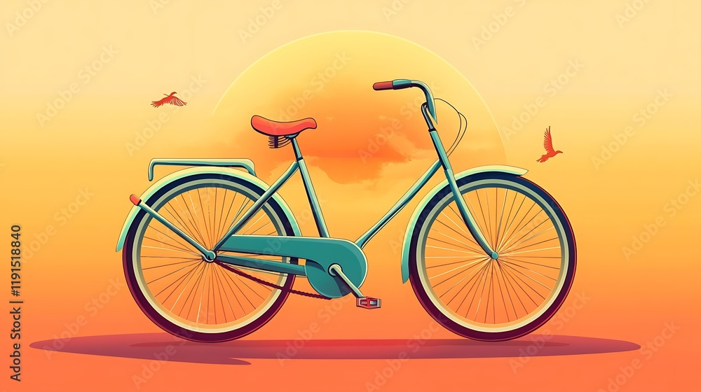 Fototapeta premium Sunset Ride: Vector Illustration of a Bicycle with a Scenic Sunset Background