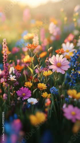 Colorful spring flowers bloom in a vibrant garden surrounded by greenery